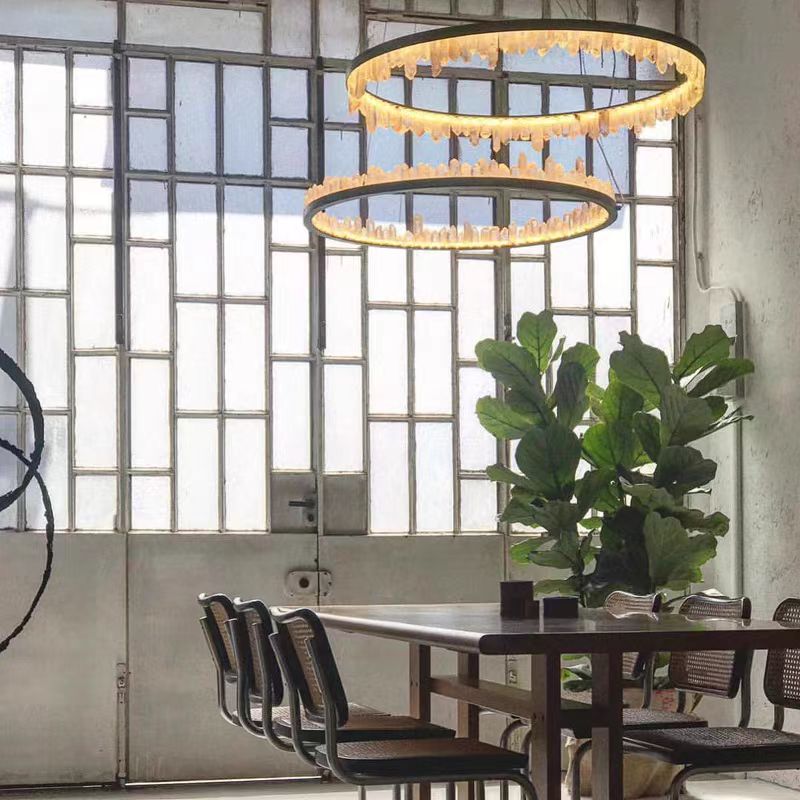 Modern Style Rings Brass & Natural Quartz Crystal Chandelier in Brass/Black Finish-Momo Lighting