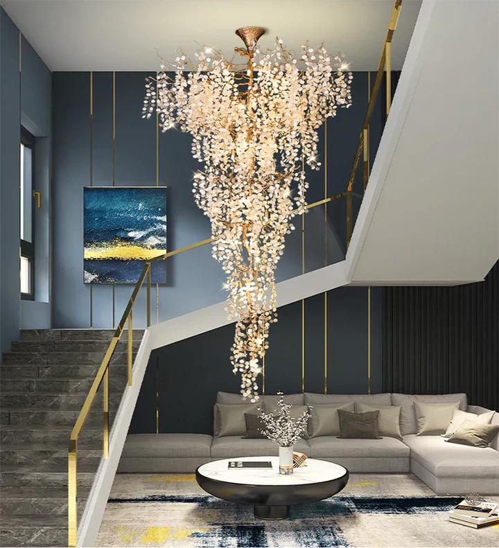Modern Unique Artistic Flower Brass Branch Semi-flush Mount Chandelier for Living Room/ Hallway/ Entryway/ Staircase-Momo Lighting