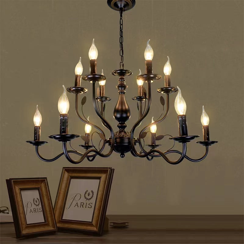Multi Layer Iron Chandelier with Electronic Candles in Vintage Country Style for Living Room Cafe and Study-Momo Lighting