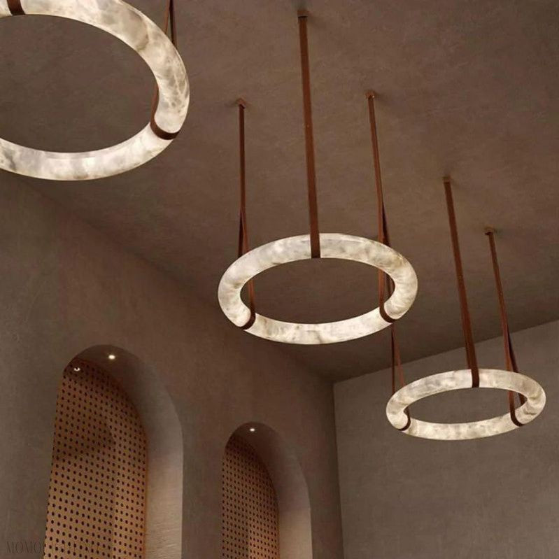 Oslo Alabaster Ring Round Pendant Chandelier, Modern Leather Strip Chandelier-Momo Lighting