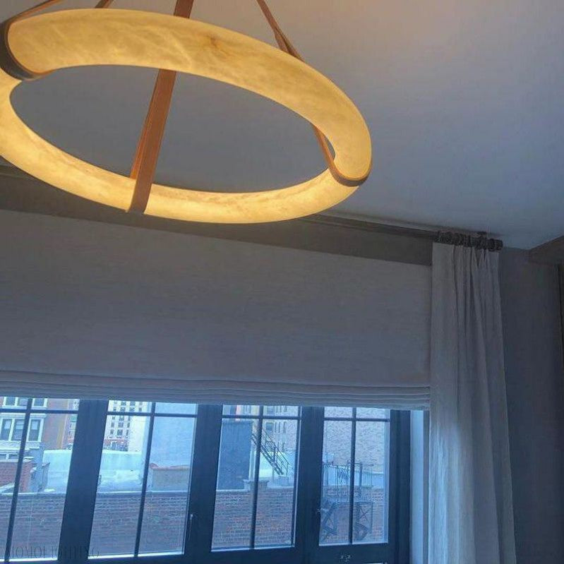 Oslo Alabaster Ring Round Pendant Chandelier, Modern Leather Strip Chandelier-Momo Lighting