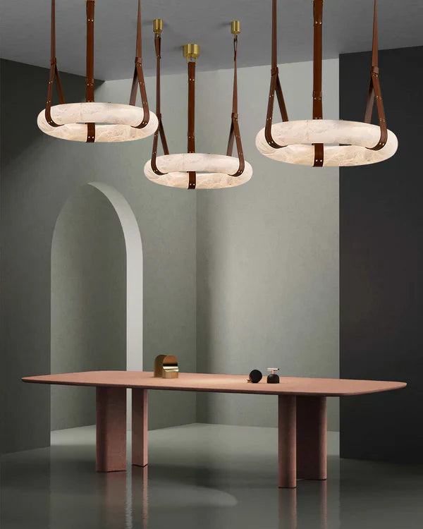 Oslo Alabaster Ring Round Pendant Chandelier, Modern Leather Strip Chandelier-Momo Lighting