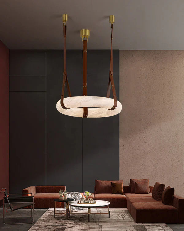 Oslo Alabaster Ring Round Pendant Chandelier, Modern Leather Strip Chandelier-Momo Lighting