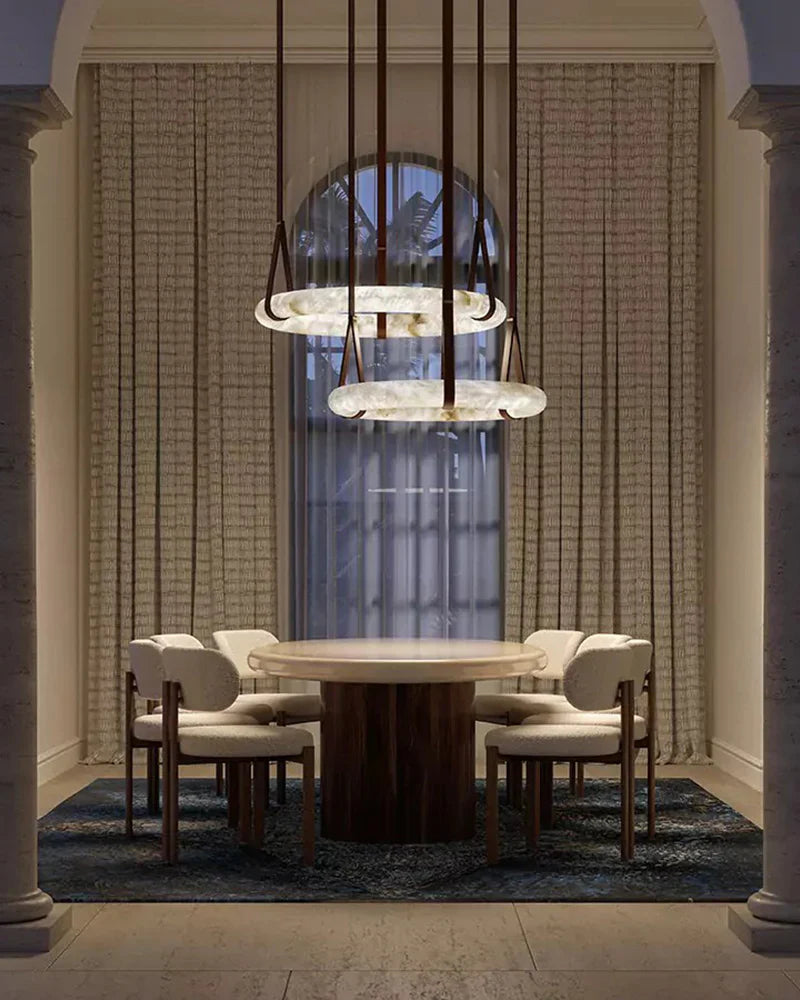 Oslo Alabaster Ring Round Pendant Chandelier, Modern Leather Strip Chandelier-Momo Lighting