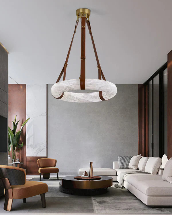 Oslo Alabaster Ring Round Pendant Chandelier, Modern Leather Strip Chandelier-Momo Lighting