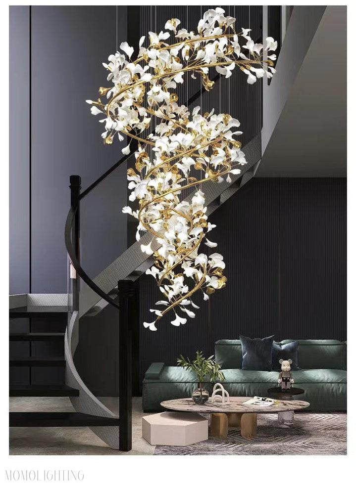 Porcelain Linear Gold Ginkgo Chandelier-Momo Lighting
