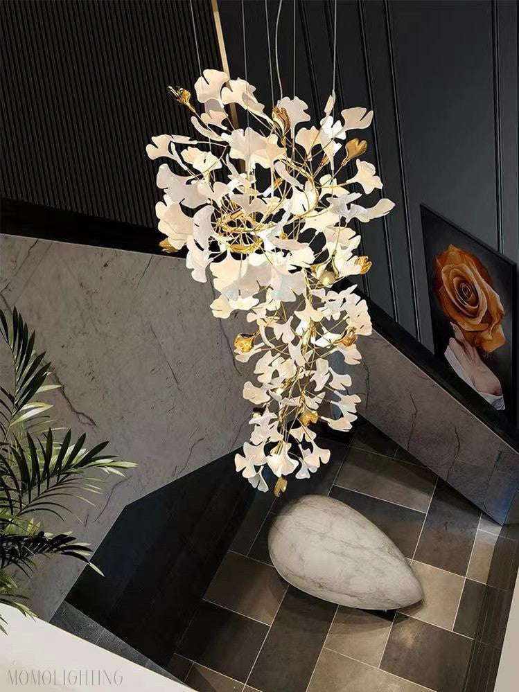 Porcelain Linear Gold Ginkgo Chandelier-Momo Lighting
