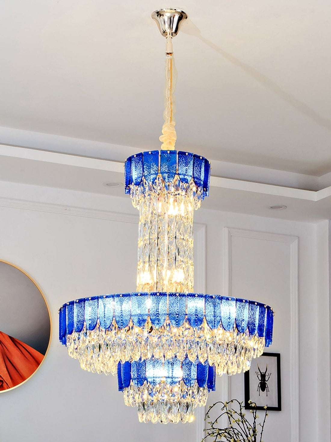 Restaurant/ Hotel Chandelier Foyer Duplex High Ceiling Light Fixture For Staircase/ Living Room In Gray/ Amber/ Blue Trimmed-Momo Lighting