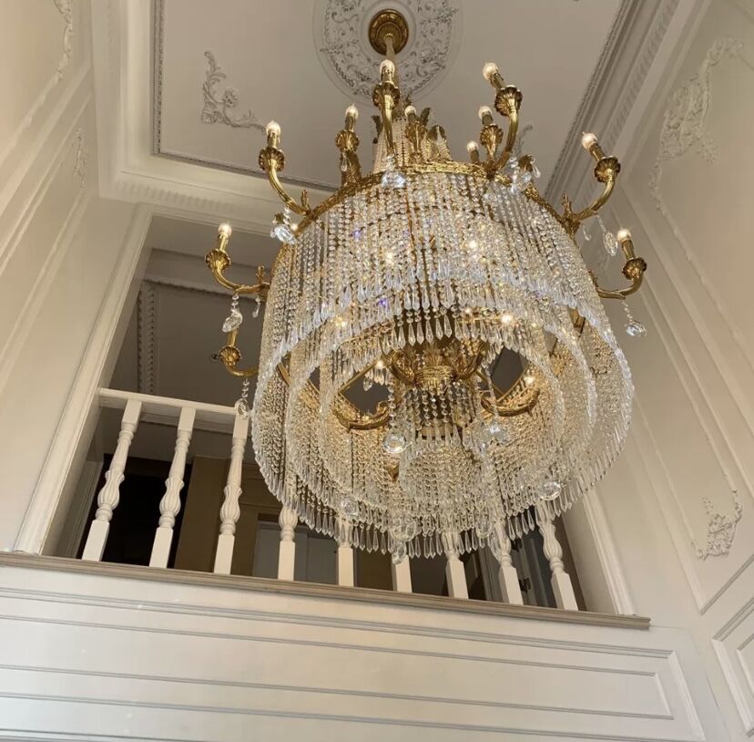 Stunning Oversized Luxury Golden Metal Candle Crystal Tassel Chandelier For High-ceiling Staircase/Entryway/Living/Meeting Room-Momo Lighting