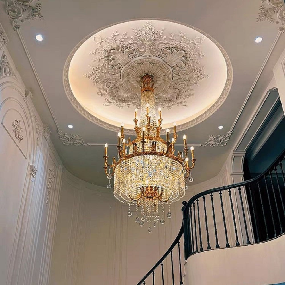 Stunning Oversized Luxury Golden Metal Candle Crystal Tassel Chandelier For High-ceiling Staircase/Entryway/Living/Meeting Room-Momo Lighting