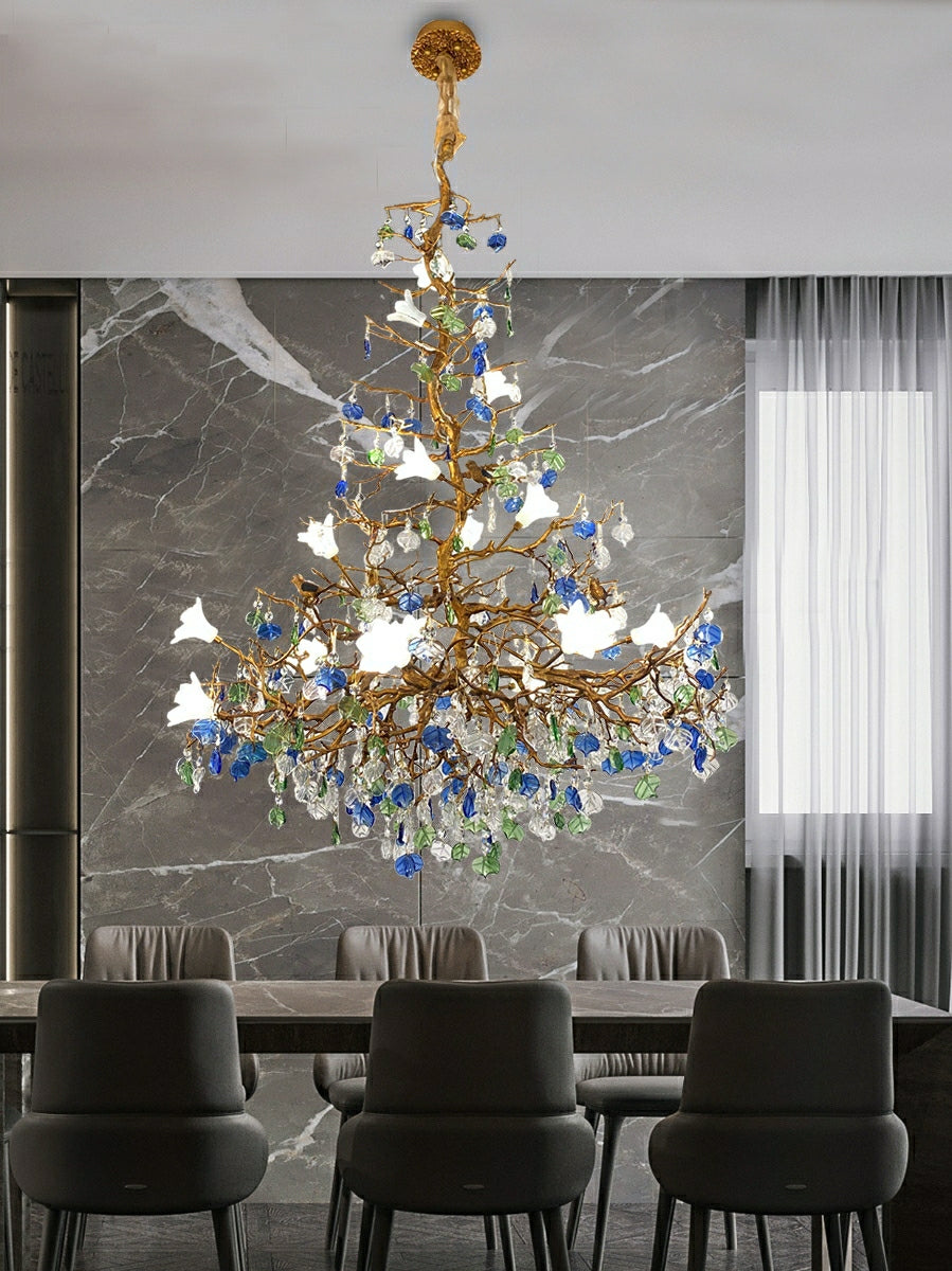 Stylish Colored Glaze Flower Crystal Chandelier Brass Tree Branch Ceiling Light For Living Room Hotel Hall-Momo Lighting