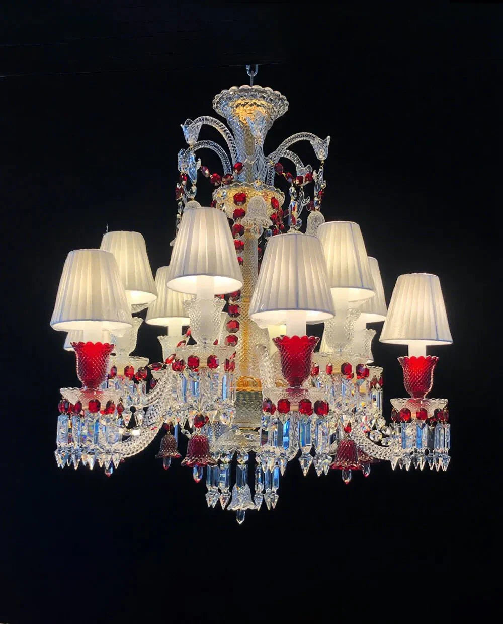 Custom Made Lustre 12 Lights Clear & Red Crystal Chandelier in Gold - Blushlighting