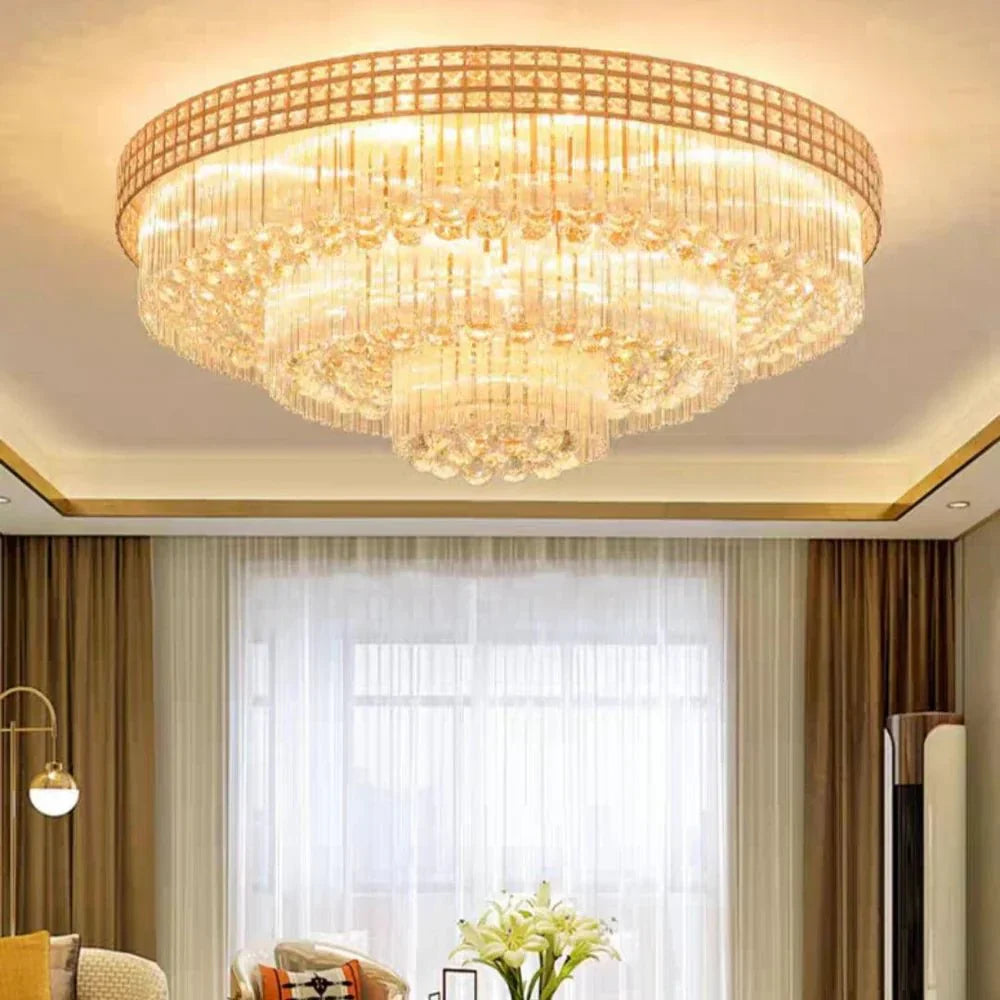 Extra Large Three Layers Round Luxury Flush Mounted Crystal Chandelier for Living Room - Blushlighting